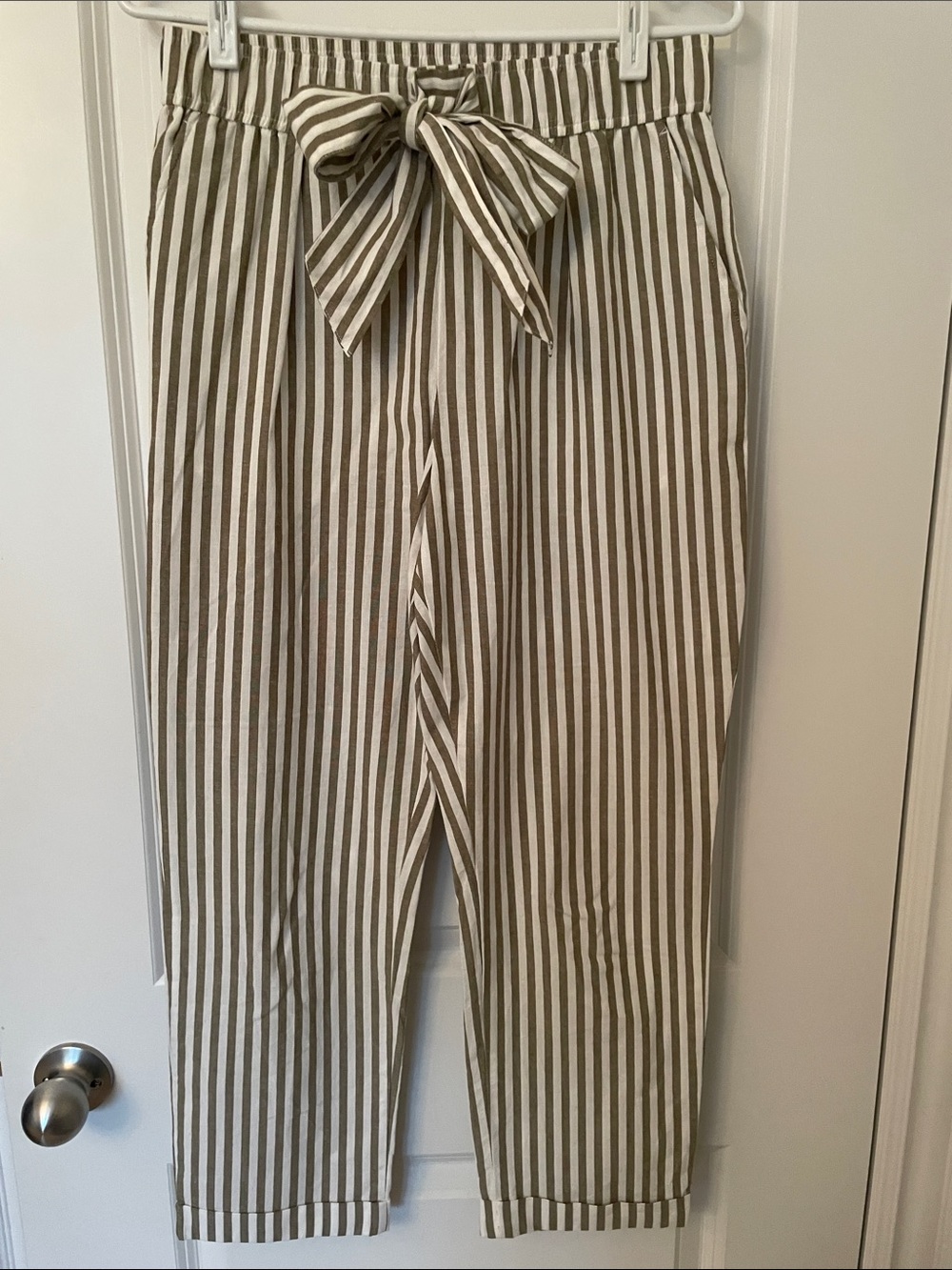 Zara Olive & White Striped Paperbag Waist Cropped Pants